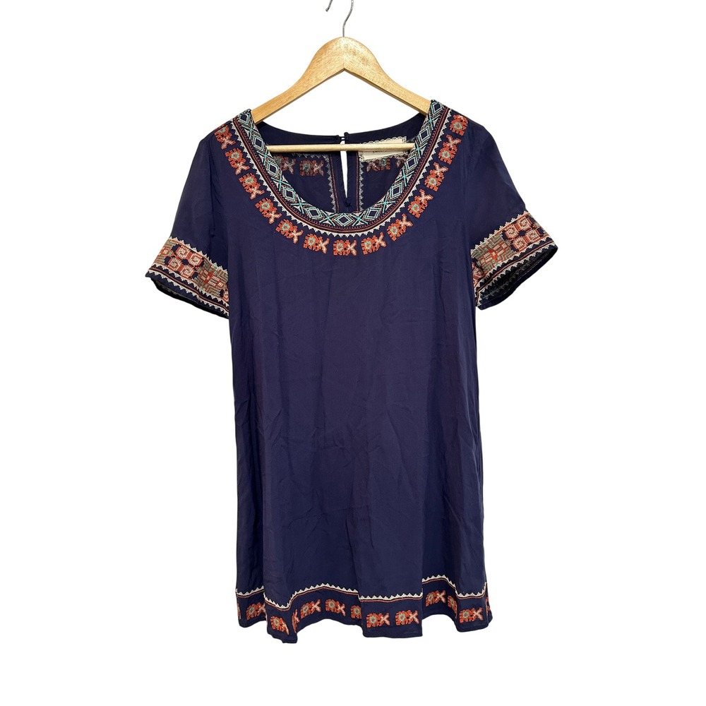Sweet Jane Navy Blue Embroidered Boho Shift Mini Dress Short Sleeve Small Rayon